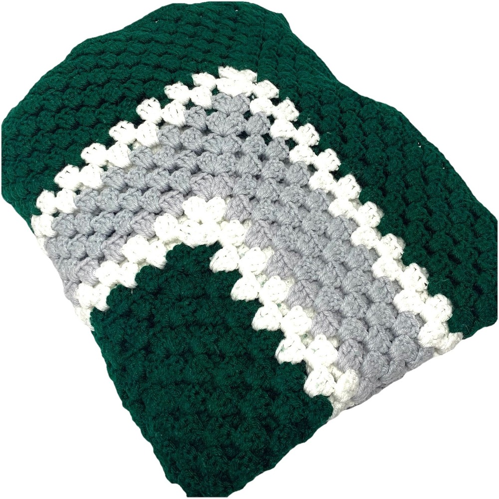 Vintage Handmade Crochet Afghan Blanket Green Gray White 65 X 65‎ Granny Square